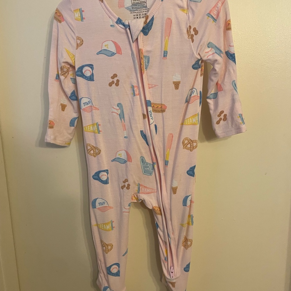 Angel Dear Bamboo Zip Footie Pink Baseball 6-9 month
